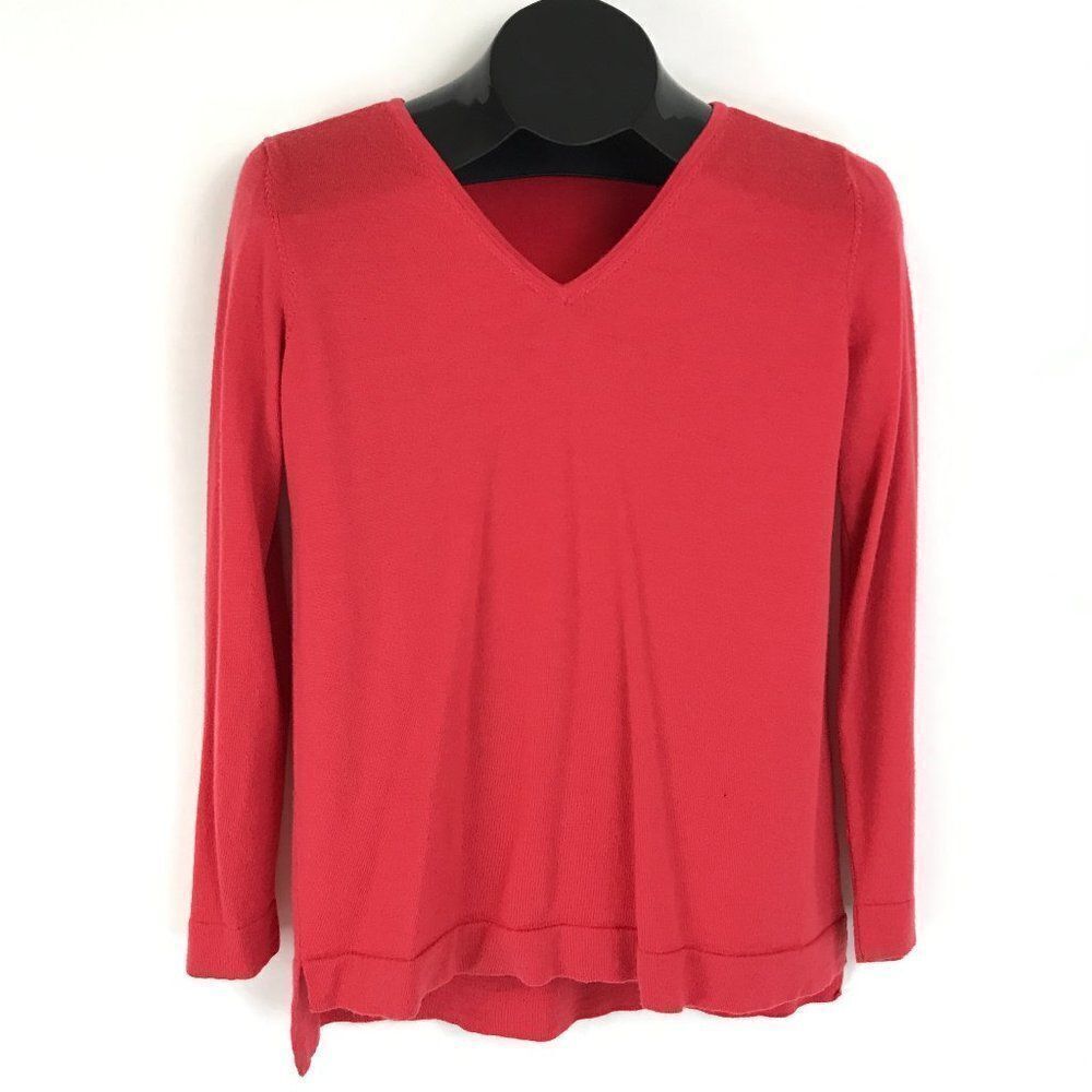 J. Jill Merino Wool Sweater Women’s Small Coral V-Neck Stretch Knit Pullover